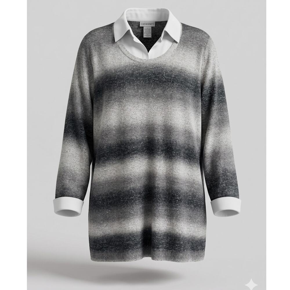 Catherines Womens 3X Preppy‎ Dark Academia Lagenlook Collared Layered Sweater
